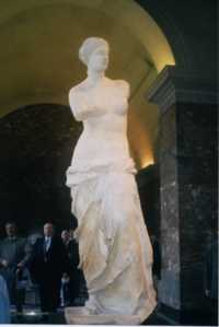 A marble sculpture found in the Louvre entitled Venus de Milo.