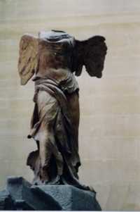 A marble sculpture found in the Louvre entitled The Winged Victory at Samothrace.